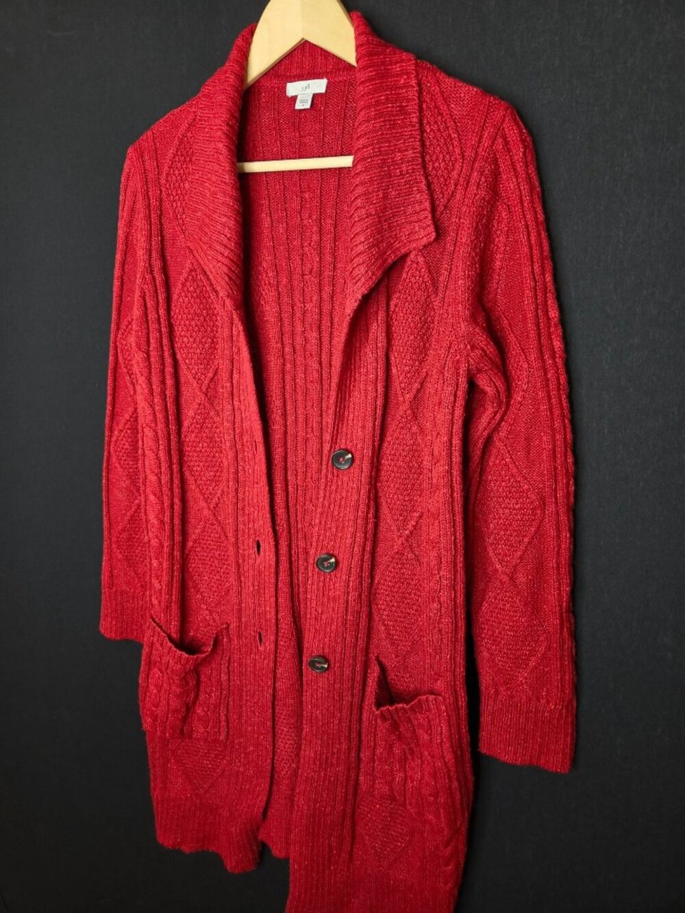 💙 J. Jill Red Cable Knit Long Cardigan Sweater M/L Shawl Collar Button Front - Picture 2 of 8